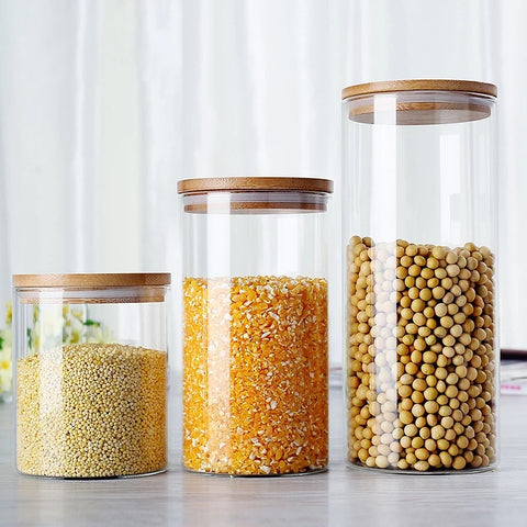 Multipurpose Bamboo Lid Glass Airtight Canister Storage Bottles Jars Grains Tea Leaf Coffee Beans Candy Food Jar